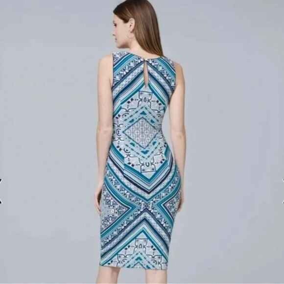 WHBM Reversible Scarf Print Sheath Dress Midi Navy Petrol Blue Size S - Picture 4 of 16